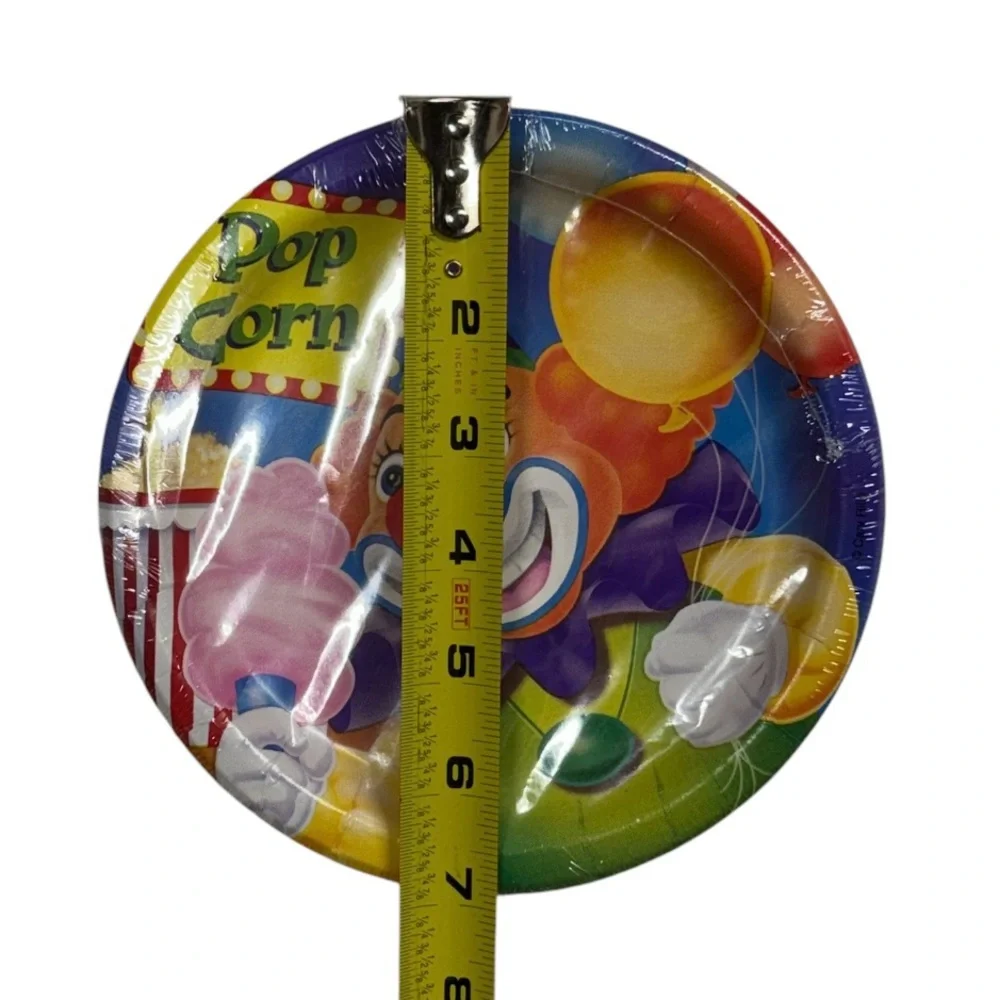 Creative Converting brand 2 sets of 8 popcorn & clown themed plates, 16 total!